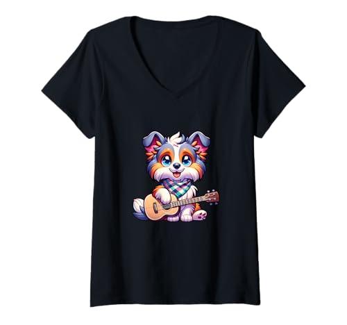 Damen Niedlicher Welpe Mit Gitarre Musik Hund Cartoon Bandana T-Shirt mit V-Ausschnitt von Niedlicher Hund Welpe Gitarre Musik Bandana