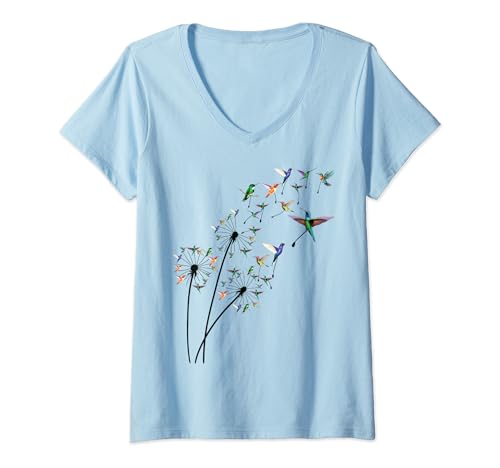 Damen Löwenzahn-Kolibri-Blume, Blumen-Kolibri-Baum T-Shirt mit V-Ausschnitt von Niedlicher Kolibri-Kolibri
