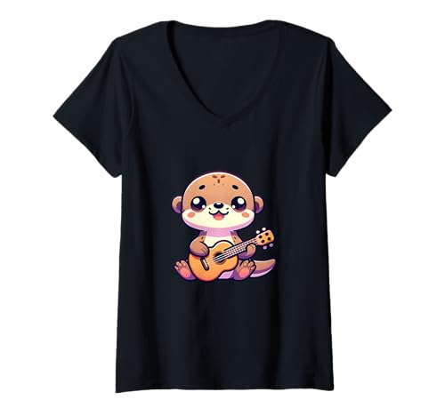 Damen Niedlicher Otter Spielt Ukulele Kawaii Musik Tier T-Shirt mit V-Ausschnitt Damen Niedlicher Otter Spielt Ukulele Kawaii Musik Tier T-Shirt mit V-Ausschnitt von Niedlicher Otter Mit Ukulele Musik Cartoon