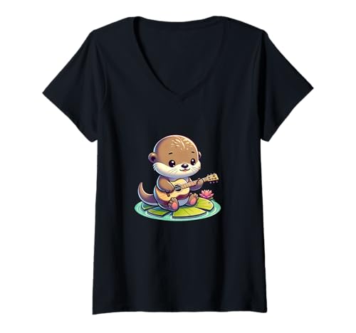 Damen Süßer Otter Mit Ukulele Auf Seerose Cartoon Musik T-Shirt mit V-Ausschnitt Damen Süßer Otter Mit Ukulele Auf Seerose Cartoon Musik T-Shirt mit V-Ausschnitt von Niedlicher Otter Ukulele Musik Cartoon Seerose