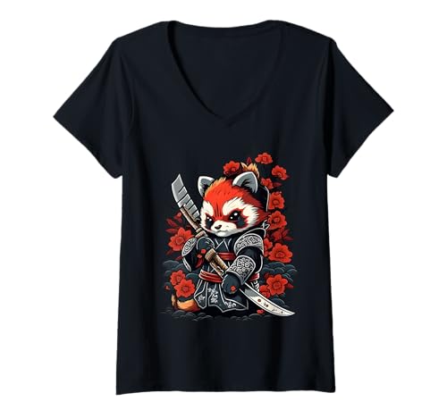 Damen Lustiger niedlicher Samurai Kawaii roter Panda Ninja T-Shirt mit V-Ausschnitt von Niedlicher Samurai Kawaii roter Panda