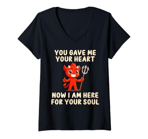 Damen Neu You gave me Your Soul, neues Manga Design mit Teufel T-Shirt mit V-Ausschnitt von Niedlicher Teufel im Manga-Style 2025
