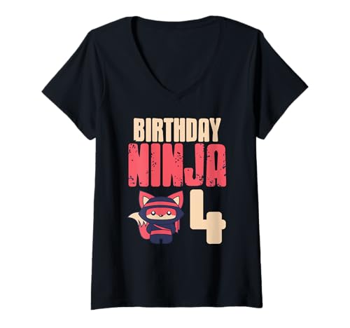 Damen Geburtstag Ninja 4 Jahre Fuchs Krieger T-Shirt mit V-Ausschnitt Damen Geburtstag Ninja 4 Jahre Fuchs Krieger T-Shirt mit V-Ausschnitt von Niedlicher Tier Kämpfer Kinder Spaß
