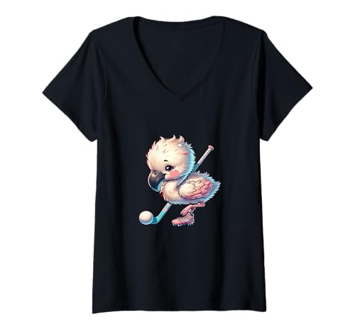Damen Flamingo Feldhockey Niedlich Lustig Tier Sport T-Shirt mit V-Ausschnitt von Niedlicher Vogel Feldhockey Tier Sport Kinder