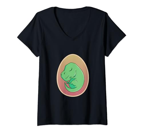 Damen Niedlicher schwangerer Dino Ei Dinosaurier T-Rex T-Shirt mit V-Ausschnitt von Niedlicher schwangerer Dino-Ei-Dinosaurier T-Rex