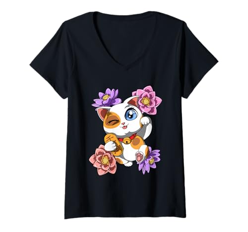 Damen Niedliche Glückskatze T-Shirt mit V-Ausschnitt von Niedliches Anime Shirt Girl - Anime Geschenk