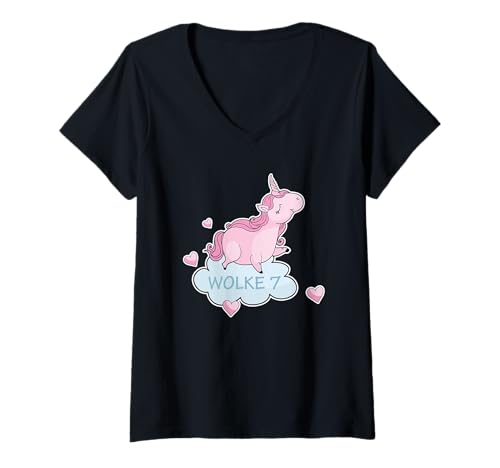 Damen Lustiges Einhorn auf Wolke Sieben Humor Liebe Herzen Paar T-Shirt mit V-Ausschnitt von Niedliches Einhorn Süßes Design Damen Mädchen