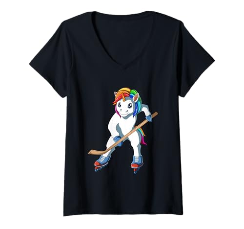 Damen Hockey Einhorn T-Shirt mit V-Ausschnitt von Niedliches Hockey T-Shirt Frauen
