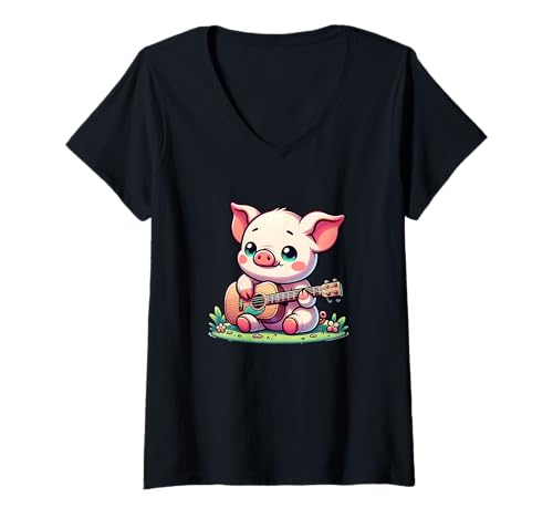 Damen Kleines Schwein Mit Gitarre Niedlich Musik Lustig T-Shirt mit V-Ausschnitt von Niedliches Schwein Gitarre Musik Cartoon