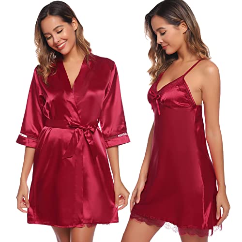 Nieery Morgenmantel Damen leicht Satin Nachthemd Frauen 2 Stücke Spitze Nachthemden und Bademantel Sexy Negligee Spaghettiträger Nachtkleid Nachtwäsche set von Nieery