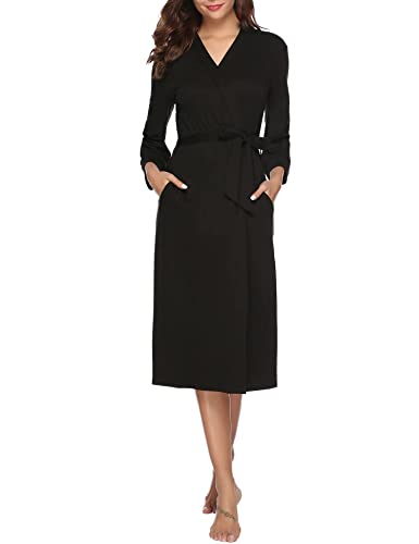 Nieery Bademantel Damen Baumwolle 3/4 Ärmel Lang Morgenmantel V-Ausschnitt Robe mit Taschen Weiche Saunamantel Hausmantel mit Bindegürtel Nieery Bademantel Damen Baumwolle 3/4 Ärmel Lang Morgenmantel V-Ausschnitt Robe mit Taschen Weiche Saunamantel Hausmantel mit Bindegürtel von Nieery