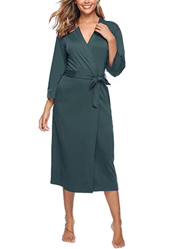 Nieery Bademantel Damen Baumwolle 3/4 Ärmel Lang Morgenmantel V-Ausschnitt Robe mit Taschen Weiche Saunamantel Hausmantel mit Bindegürtel von Nieery