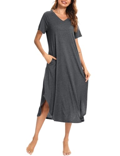 Nieery Nachthemd Damen Kurzarm Schlafshirt Lang Sommer Nachtkleid Baumwolle Sleepshirt V-Ausschnitt Nachtwäsche Große Größen Lässig Strandkleid mit Taschen Dunkelgrau S von Nieery