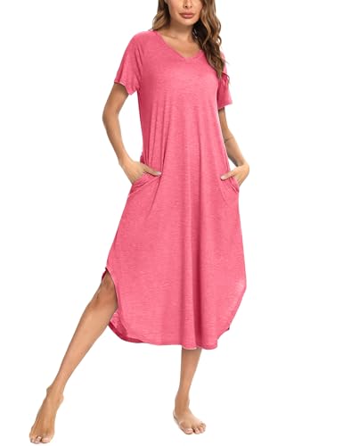 Nieery Nachthemd Damen Kurzarm Schlafshirt Lang Sommer Nachtkleid Baumwolle Sleepshirt V-Ausschnitt Nachtwäsche Große Größen Lässig Strandkleid mit Taschen Kirschrot M von Nieery