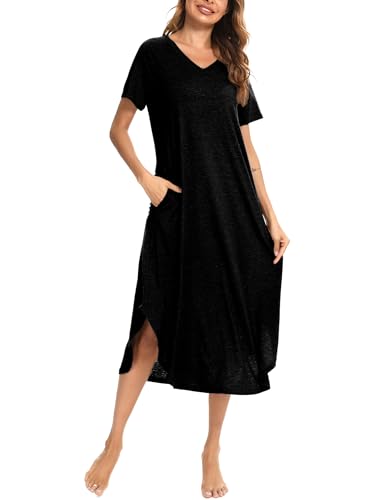 Nieery Nachthemd Damen Kurzarm Schlafshirt Lang Sommer Nachtkleid Baumwolle Sleepshirt V-Ausschnitt Nachtwäsche Große Größen Lässig Strandkleid mit Taschen Schwarz L von Nieery