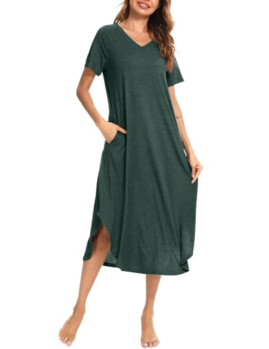 Nieery Nachthemd Damen Kurzarm Schlafshirt Lang Sommer Nachtkleid Baumwolle Sleepshirt V-Ausschnitt Nachtwäsche Große Größen Lässig Strandkleid mit Taschen Schwarz-grün S von Nieery