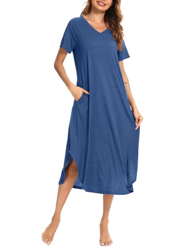 Nieery Nachthemd Damen Kurzarm Schlafshirt Lang Sommer Nachtkleid Baumwolle Sleepshirt V-Ausschnitt Nachtwäsche Große Größen Lässig Strandkleid mit Taschen Tiefblau S von Nieery