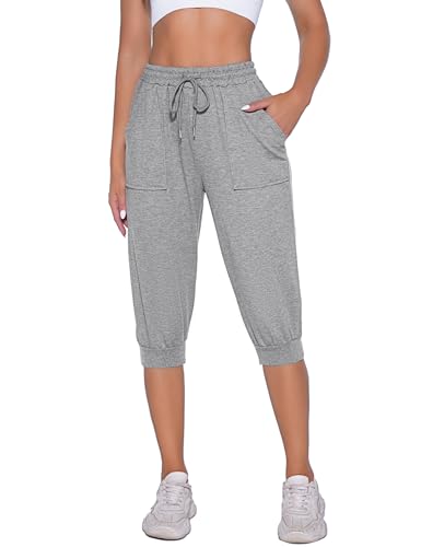 Nieery Damen Jogginghose 3/4 Sommer Sporthose Caprihose Laufhose Freizeithose Sweathose Trainingshose mit Taschen und Gürtel von Nieery