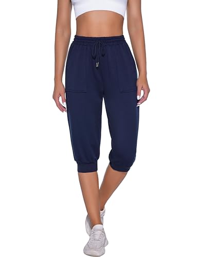 Nieery Damen Jogginghose 3/4 Sommer Sporthose Caprihose Laufhose Freizeithose Sweathose Trainingshose mit Taschen und Gürtel von Nieery