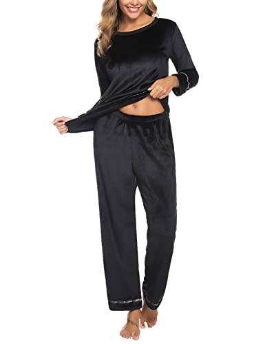 Nieery Schlafanzug Flanell Damen Winter Warme Nicki Hausanzug Zweiteiliger Fleece Pyjama Set Kuschelig Rundhals Pullover und Lang Hose Schwarz XL von Nieery