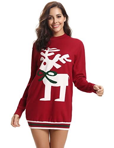 Nieery Damen Strickpullover Lang Weihnachtspullover Winter Rundhals Pullover Rentier Christmas Sweater Kuscheliger Weihnachtspulli Rot L von Nieery