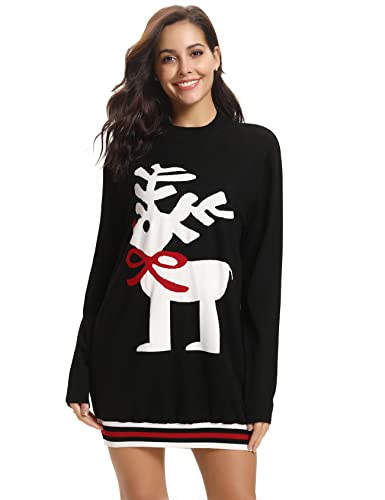 Nieery Damen Strickpullover Lang Weihnachtspullover Winter Rundhals Pullover Rentier Christmas Sweater Kuscheliger Weihnachtspulli Schwarz L von Nieery