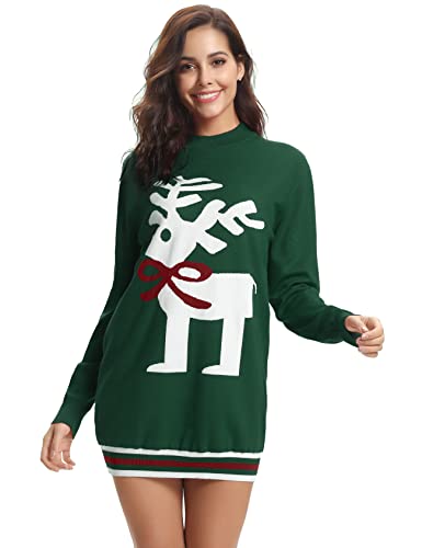 Nieery Damen Strickpullover Lang Weihnachtspullover Winter Rundhals Pullover Rentier Christmas Sweater Kuscheliger Weihnachtspulli Grün XL von Nieery