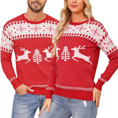 Nieery Weihnachtspullover Partnerlook Pärchen Familie Rundhals Strickpullover Damen Herren Weihnachtspulli Christmas Sweater Weihnachtsbaum Rentier Winter Pullover von Nieery