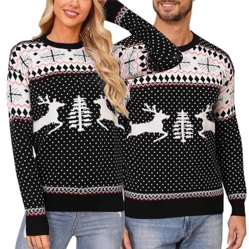 Nieery Weihnachtspullover Partnerlook Pärchen Familie Rundhals Strickpullover Damen Herren Weihnachtspulli Christmas Sweater Weihnachtsbaum Rentier Winter Pullover von Nieery