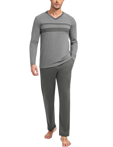 Nieery Herren Pyjama Set Langarm Baumwolle V-Ausschnitt Schlafanzug Männer Nachtwäsche Herbst Schlafbekleidung Schlafhosen lang von Nieery