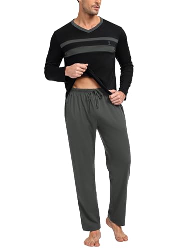 Nieery Herren Pyjama Set Langarm Baumwolle V-Ausschnitt Schlafanzug Männer Nachtwäsche Herbst Schlafbekleidung Schlafhosen lang von Nieery