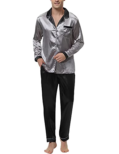 Nieery Herren Schlafanzug Satin Knopfleiste Pyjama Set, Lang Hausanzug Nachtwäsche Männer, Langen Ärmel Schlafshirt und Pyjamahose Loungewear Grau L von Nieery