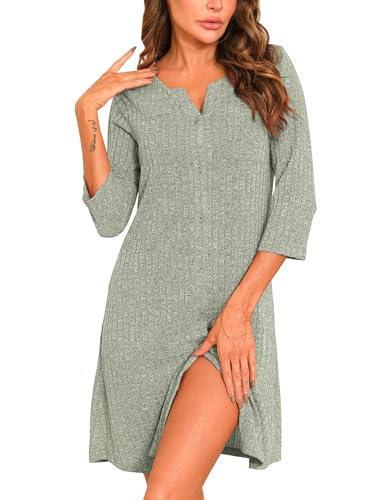 Nieery Nachthemd Damen 3/4 Ärmel Nachtwäsche Frauen Knielänge Schlafhemd locker Nachthemden V-Ausschnitt Sleepshirt mit Knopfleiste Schlafkleid Komfort knitterfrei von Nieery