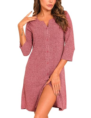 Nieery Nachthemd Damen 3/4 Ärmel Nachtwäsche Frauen Knielänge Schlafhemd locker Nachthemden V-Ausschnitt Sleepshirt mit Knopfleiste Schlafkleid Komfort knitterfrei von Nieery