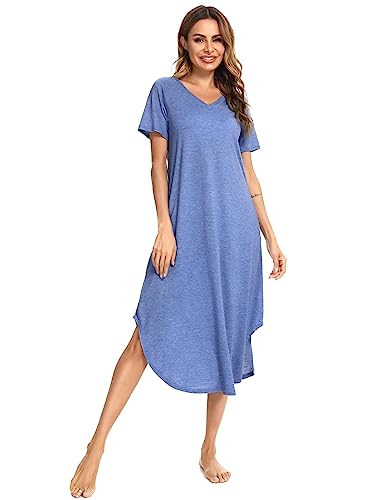 Nieery Nachthemd Damen Kurzarm Schlafshirt Lang Sommer Nachtkleid Baumwolle Sleepshirt V-Ausschnitt Nachtwäsche Große Größen Lässig Strandkleid mit Taschen Blau L von Nieery