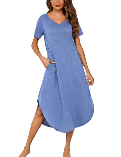 Nieery Nachthemd Damen Lang Baumwolle V-Ausschnitt Sommer Große Größen Kurze Ärmel Lose Schlafshirt Nachtkleid Lässig Nachtwäsche mit Taschen S-3XL von Nieery