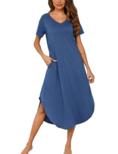 Nieery Nachthemd Damen Lang Baumwolle V-Ausschnitt Sommer Große Größen Kurze Ärmel Lose Schlafshirt Nachtkleid Lässig Nachtwäsche mit Taschen S-3XL von Nieery