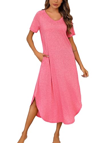 Nieery Nachthemd Damen Kurzarm Schlafshirt Lang Sommer Nachtkleid Baumwolle Sleepshirt V-Ausschnitt Nachtwäsche Große Größen Lässig Strandkleid mit Taschen Kirschrot L von Nieery