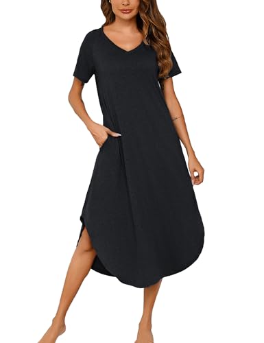 Nieery Nachthemd Damen Lang Baumwolle V-Ausschnitt Sommer Große Größen Kurze Ärmel Lose Schlafshirt Nachtkleid Lässig Nachtwäsche mit Taschen S-3XL von Nieery