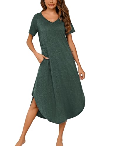 Nieery Nachthemd Damen Lang Baumwolle V-Ausschnitt Sommer Große Größen Kurze Ärmel Lose Schlafshirt Nachtkleid Lässig Nachtwäsche mit Taschen S-3XL von Nieery