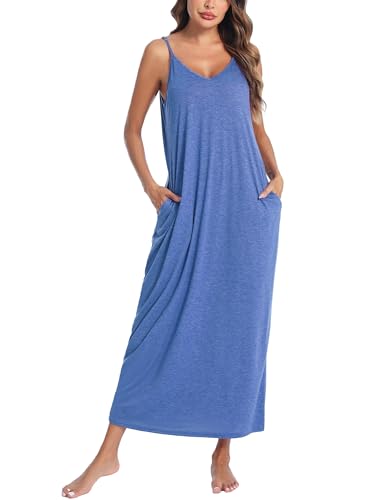 Nieery Nachthemd Damen Lang Sexy Negligee Sommer Spaghettiträger Unterkleid Baumwolle Full Slip V-Ausschnitt Sleepshirt Nachtwäsche Blau M von Nieery