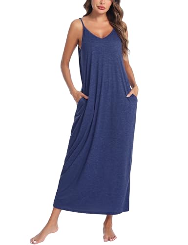 Nieery Nachthemd Damen Lang Sexy Negligee Sommer Spaghettiträger Unterkleid Baumwolle Full Slip V-Ausschnitt Sleepshirt Nachtwäsche Dunkelblau M von Nieery