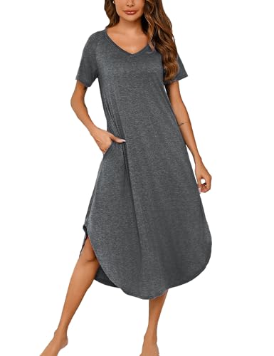 Nieery Nachthemd Damen Lang Baumwolle V-Ausschnitt Sommer Große Größen Kurze Ärmel Lose Schlafshirt Nachtkleid Lässig Nachtwäsche mit Taschen S-4XL von Nieery