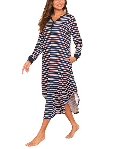 Nieery Nachthemd Damen Lang Streifen Nachtwäsche Langarm Baumwolle Schlafhemd Tasche Nachthend Knielang V-Ausschnitt Sleepshirt mit Knopfleiste Schlafkleid Komfort von Nieery