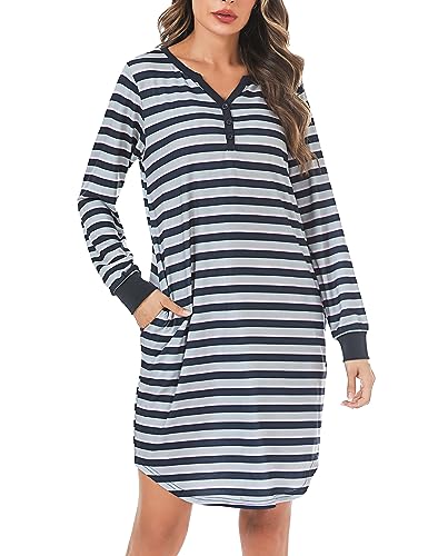 Nieery Nachthemd Damen Lang Streifen Nachtwäsche Langarm Baumwolle Schlafhemd Tasche Nachthend Knielang V-Ausschnitt Sleepshirt mit Knopfleiste Schlafkleid Komfort von Nieery