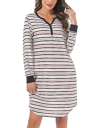 Nieery Nachthemd Damen Lang Streifen Nachtwäsche Langarm Baumwolle Schlafhemd Tasche Nachthend Knielang V-Ausschnitt Sleepshirt mit Knopfleiste Schlafkleid Komfort von Nieery