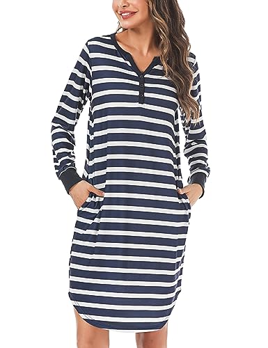 Nieery Nachthemd Damen Lang Streifen Nachtwäsche Langarm Baumwolle Schlafhemd Tasche Nachthend Knielang V-Ausschnitt Sleepshirt mit Knopfleiste Schlafkleid Komfort von Nieery