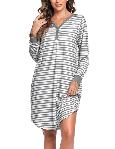 Nieery Nachthemd Damen Lang Streifen Nachtwäsche Langarm Baumwolle Schlafhemd Tasche Nachthend Knielang V-Ausschnitt Sleepshirt mit Knopfleiste Schlafkleid Komfort von Nieery