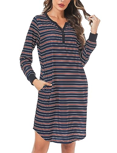 Nieery Nachthemd Damen Langarm Nachtwäsche Baumwolle gestreiftes Schlafshirt lang Schlafkleid Mädchen Sleepshirt mit Taschen Nachtkleid bequem Negligee gerader Schnitt Kontraststreifen Design von Nieery