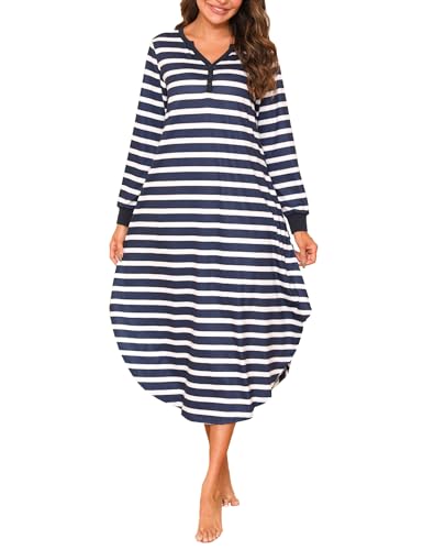 Nieery Nachthemd Damen Langarm Nachtwäsche Gestreiftes Schlafshirt Lang Lose Schlafkleid V-Ausschnitt Sleepshirt Winter mit Taschen Nieery Nachthemd Damen Langarm Nachtwäsche Gestreiftes Schlafshirt Lang Lose Schlafkleid V-Ausschnitt Sleepshirt Winter mit Taschen von Nieery